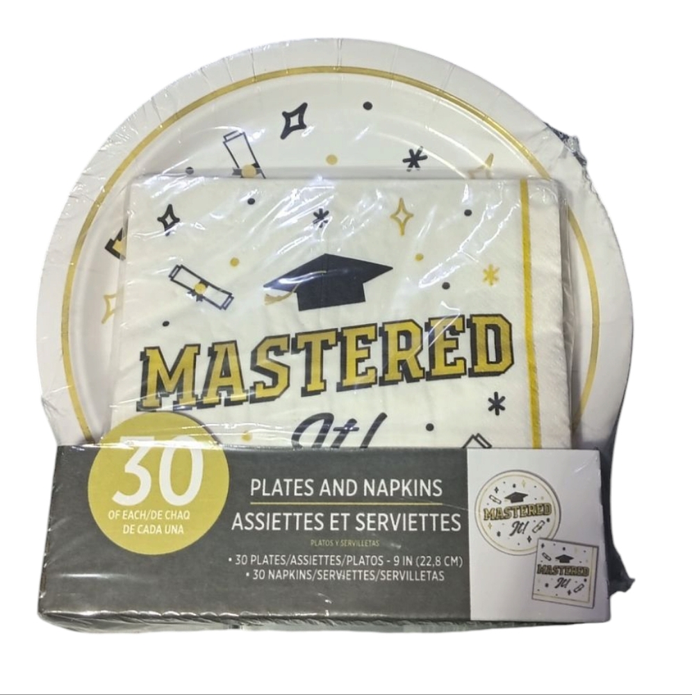 Mastered It Graduation Party Plates and Napkins Set - White and Gold